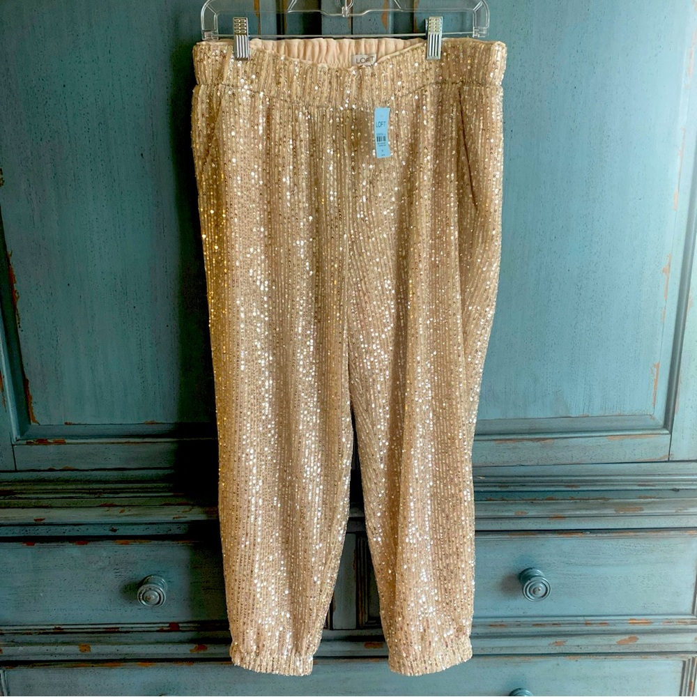 New LOFT Cream Sequin Jogger Pants Women's Size Medium Petite